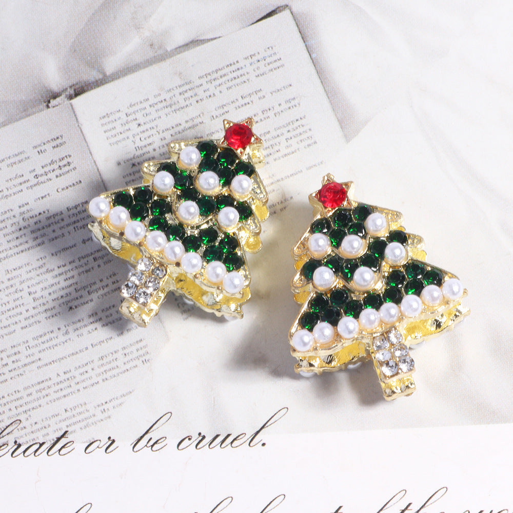 Wholesale 5pcs/pack Alloy Pearl Rhinestone Christmas Tree DIY  Straight Hole Beads